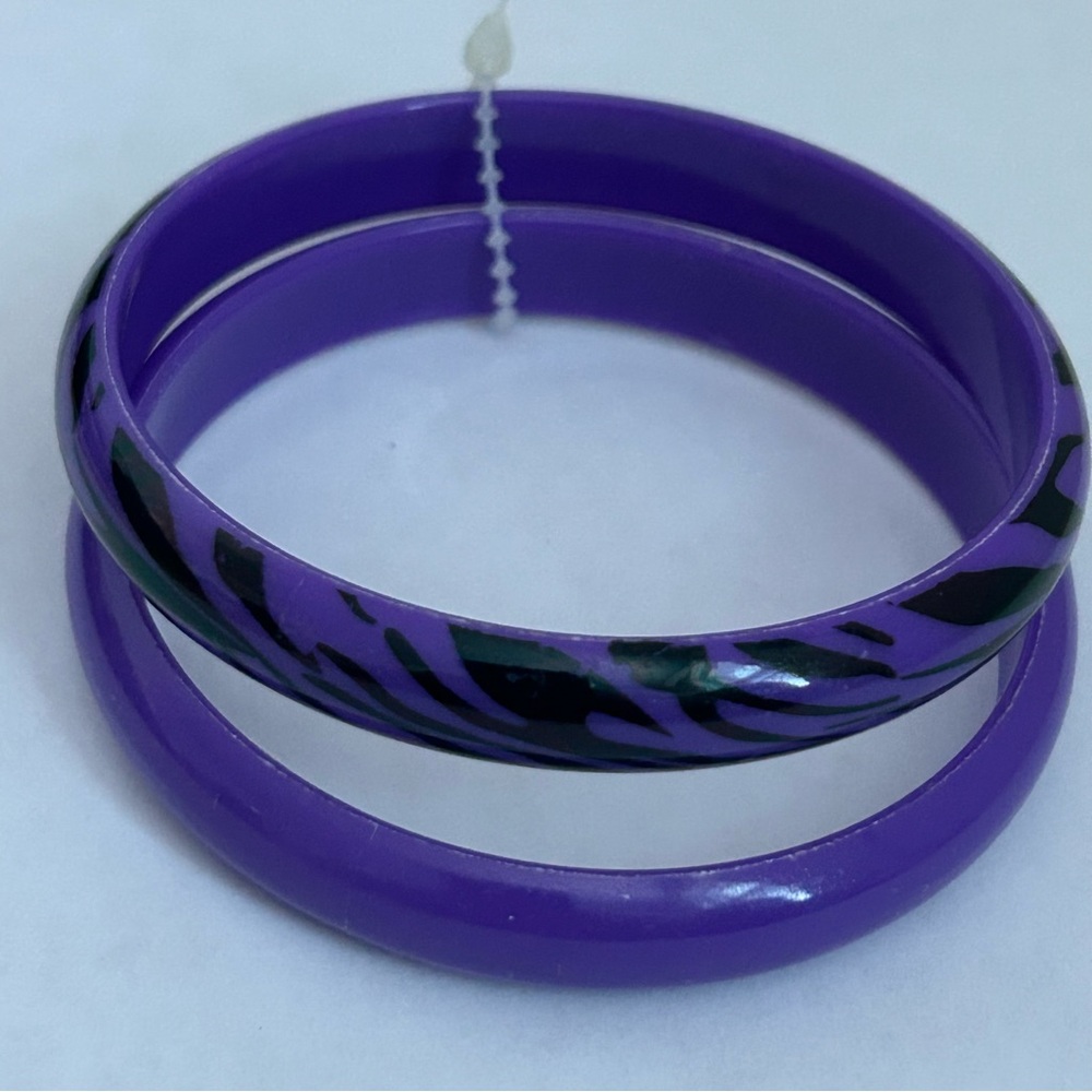 2 vintage Purple Bangle Bracelets  80s 90s Plastic Black Animal Zebra Print SET